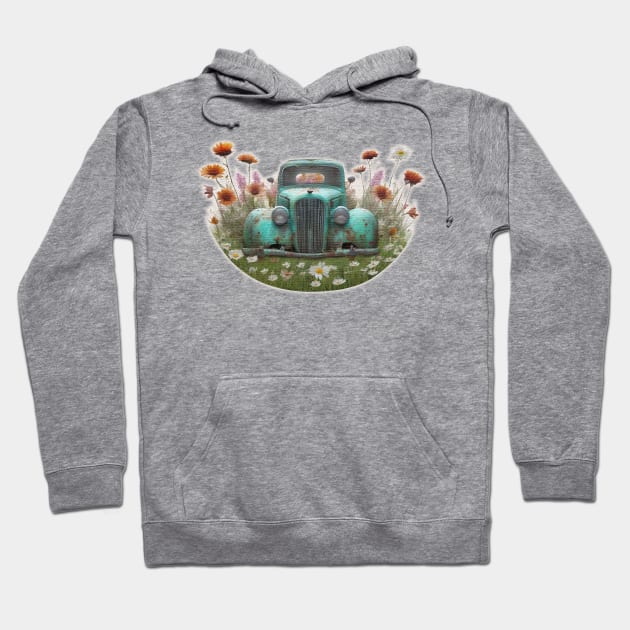 Old car in a field of flowers Hoodie by JnS Merch Store